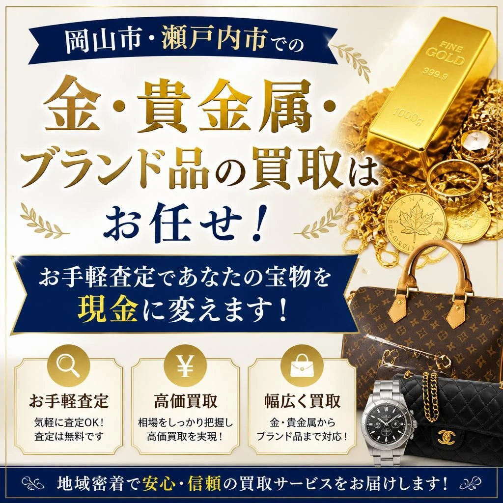 岡山市・瀬戸内市での金・貴金属・ブランド品の買取はお任せ！お手軽査定であなたの宝物を現金に変えます！
