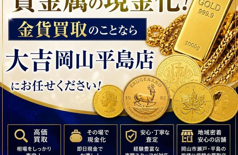 岡山市瀬戸・平島で貴金属の現金化！金貨買取のことなら大吉岡山平島店にお任せ