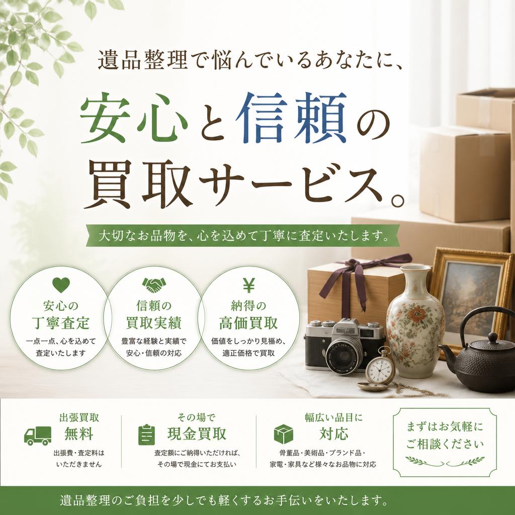 遺品整理で悩んでいるあなたに、安心と信頼の買取サービス。