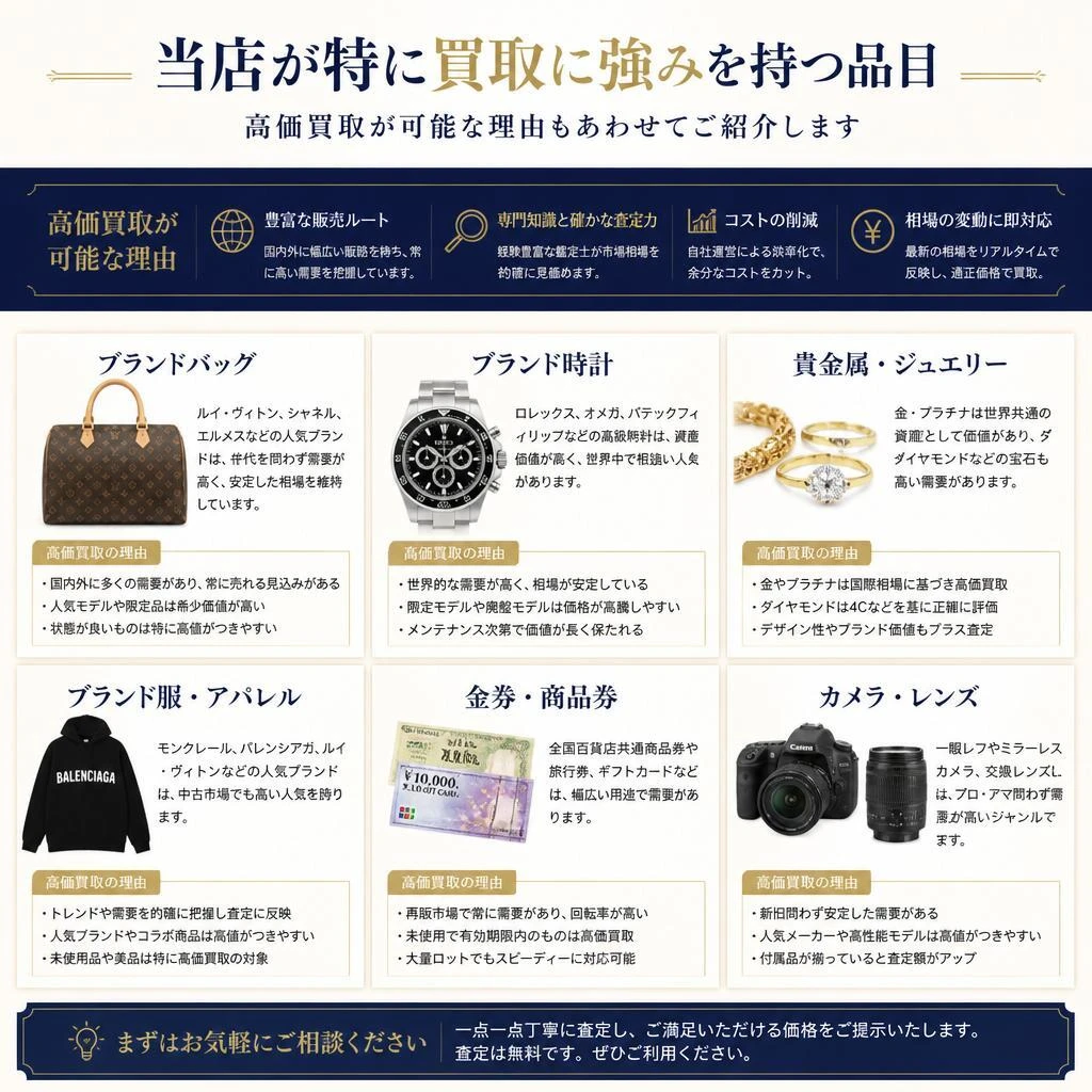 金やブランド品、時計も高価買取