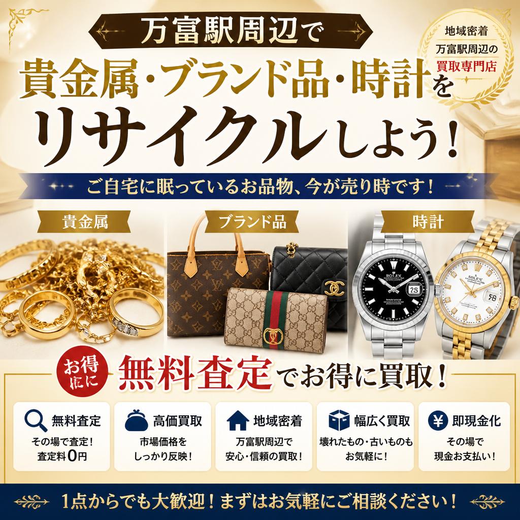 万富駅周辺で貴金属・ブランド品・時計をリサイクルしよう！無料査定でお得に買取！