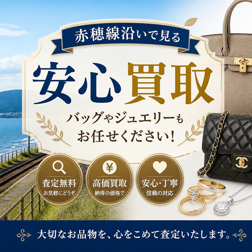赤穂線沿いで見る安心買取、バッグやジュエリーもお任せください！