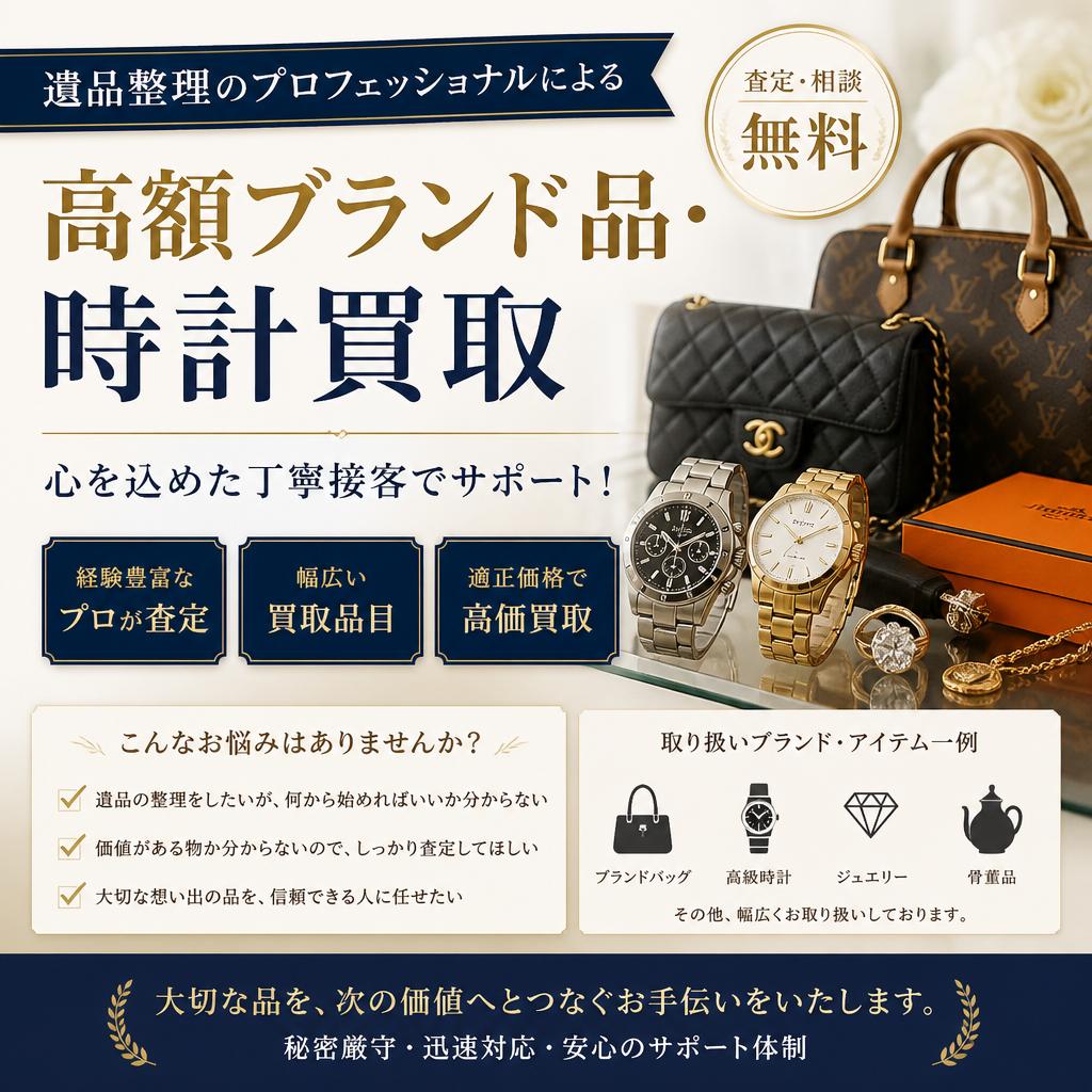 遺品整理のプロフェッショナルによる高額ブランド品・時計買取、心を込めた丁寧接客でサポート！