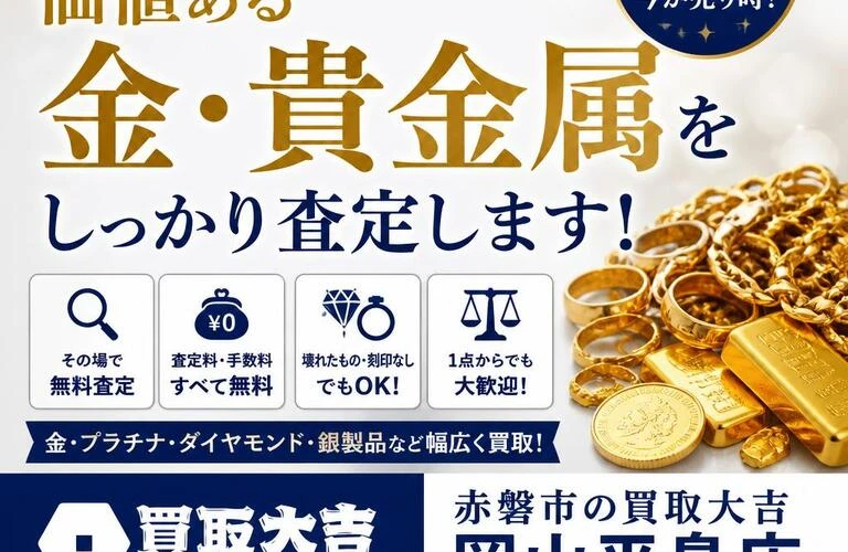 お家に眠る価値ある金・貴金属をしっかり査定します！赤磐市の買取大吉岡山平島店