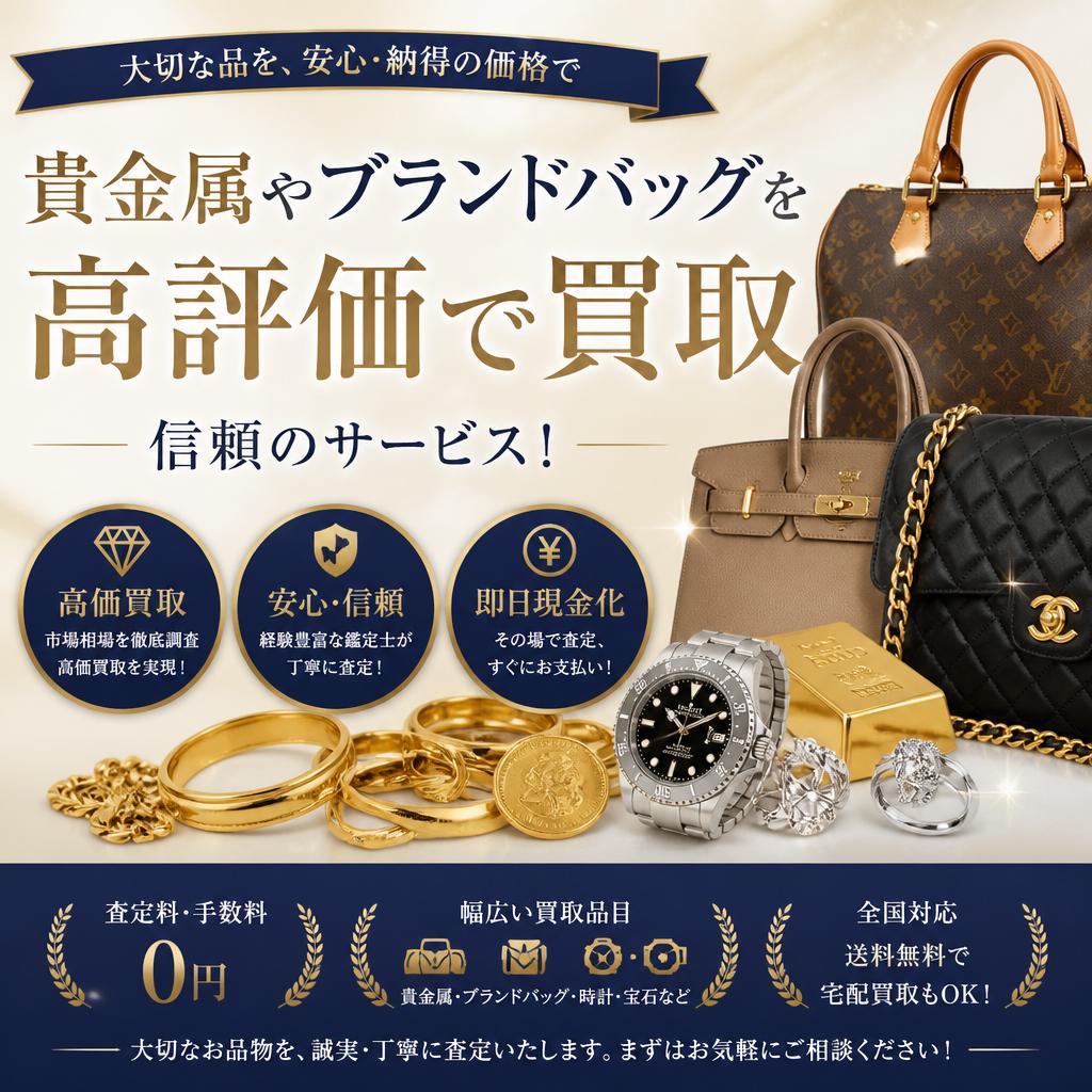 貴金属やブランドバッグを高評価で買取、信頼のサービス！