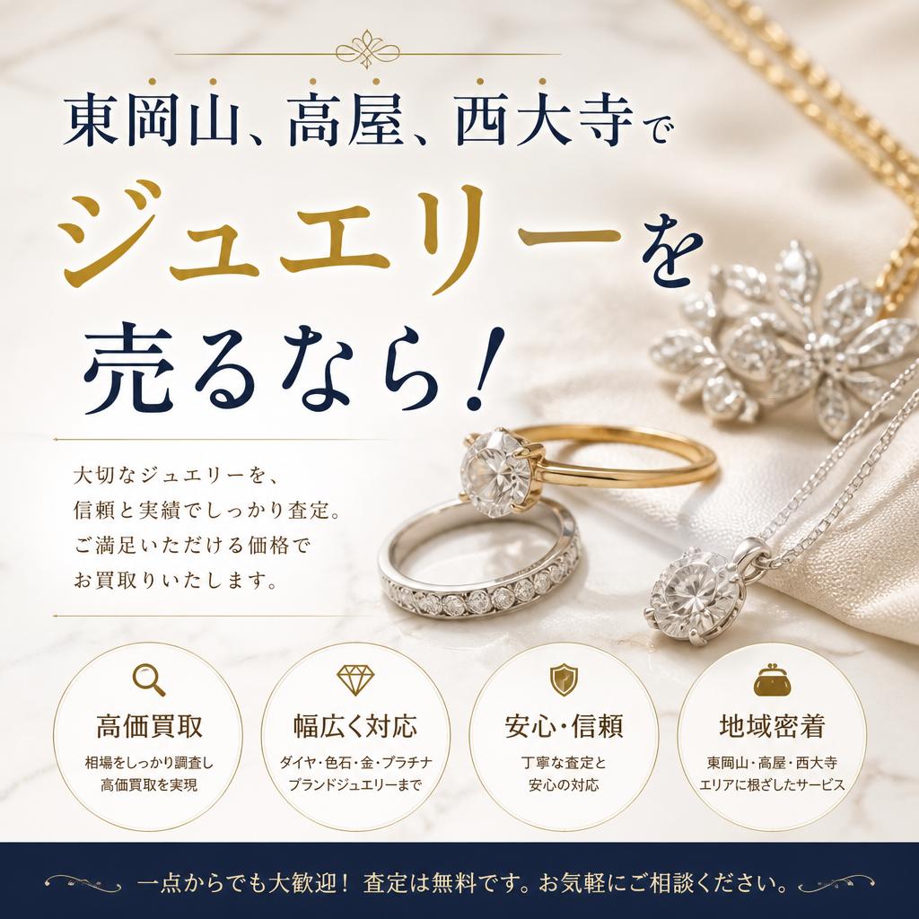 東岡山・平島にお住いのお客様へ。ジュエリーを売るなら買取大吉岡山平島店にお越しください。