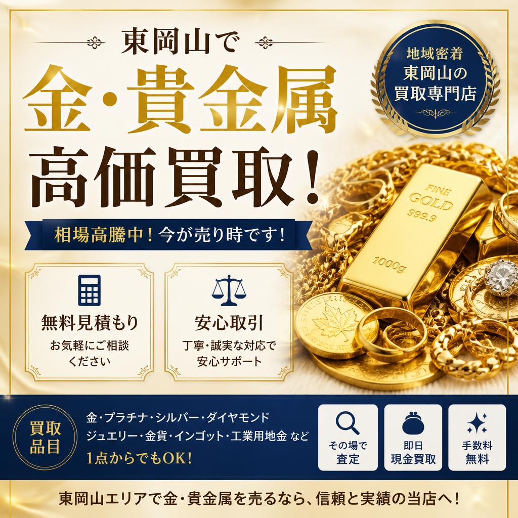 東岡山で金・貴金属を高価買取！無料見積もりで安心取引