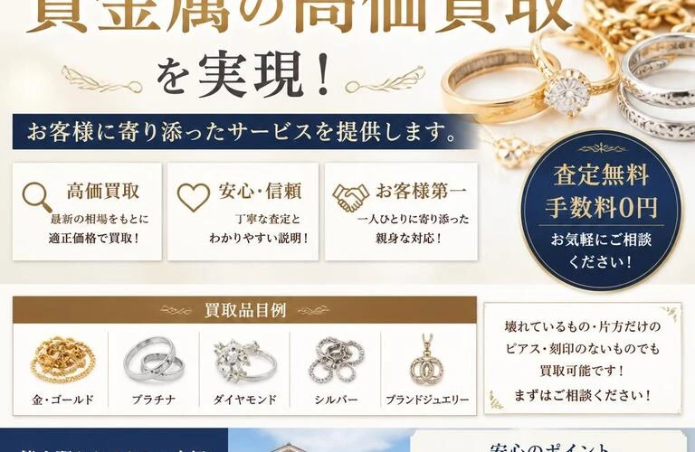 熊山駅周辺で貴金属の高価買取を実現！お客様に寄り添ったサービスを提供します。