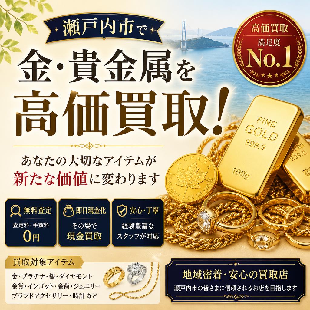 瀬戸内市で金・貴金属を高価買取！あなたの大切なアイテムが新たな価値に変わります新たな価値に変わります